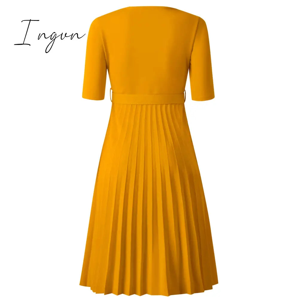 Ingvn - African Style Women Casual Belted Pleated Dress Elegant Chic Office Lady A-Line High Waist Dress Autumn Winter Fashion