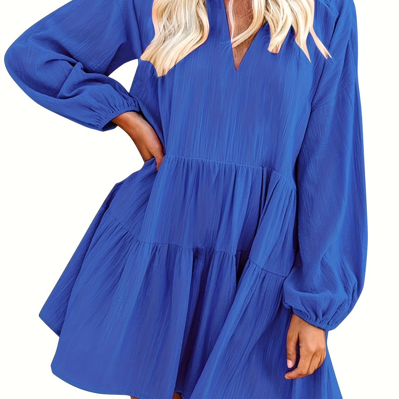 Long Sleeve Solid Color V Neck Loose Babydoll Dress, Casual Ruffle Hem For Spring & Fall, Women's Clothing