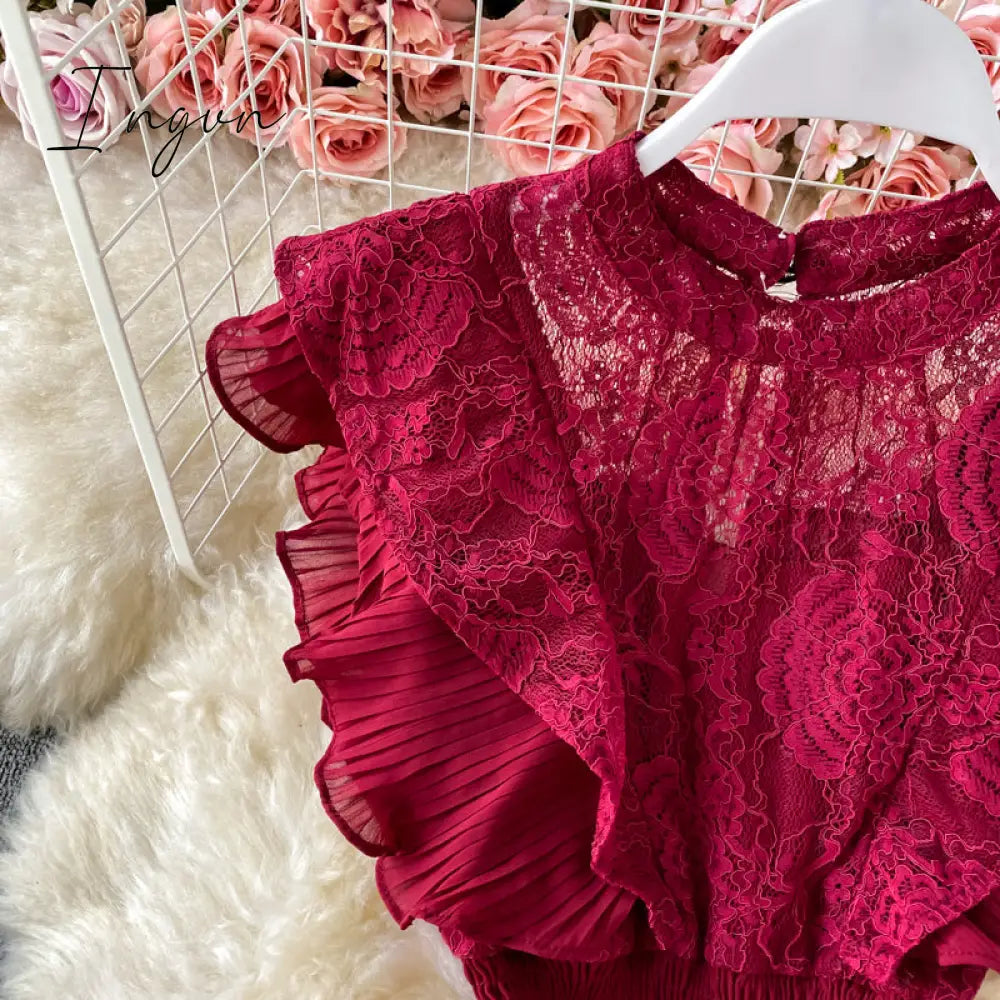 Ingvn - Vintage Purple/Green/Red Lace Midi Dress Women Sweet Round Neck Ruffle Vestidos Female High Waist Slim Robe Spring Autumn