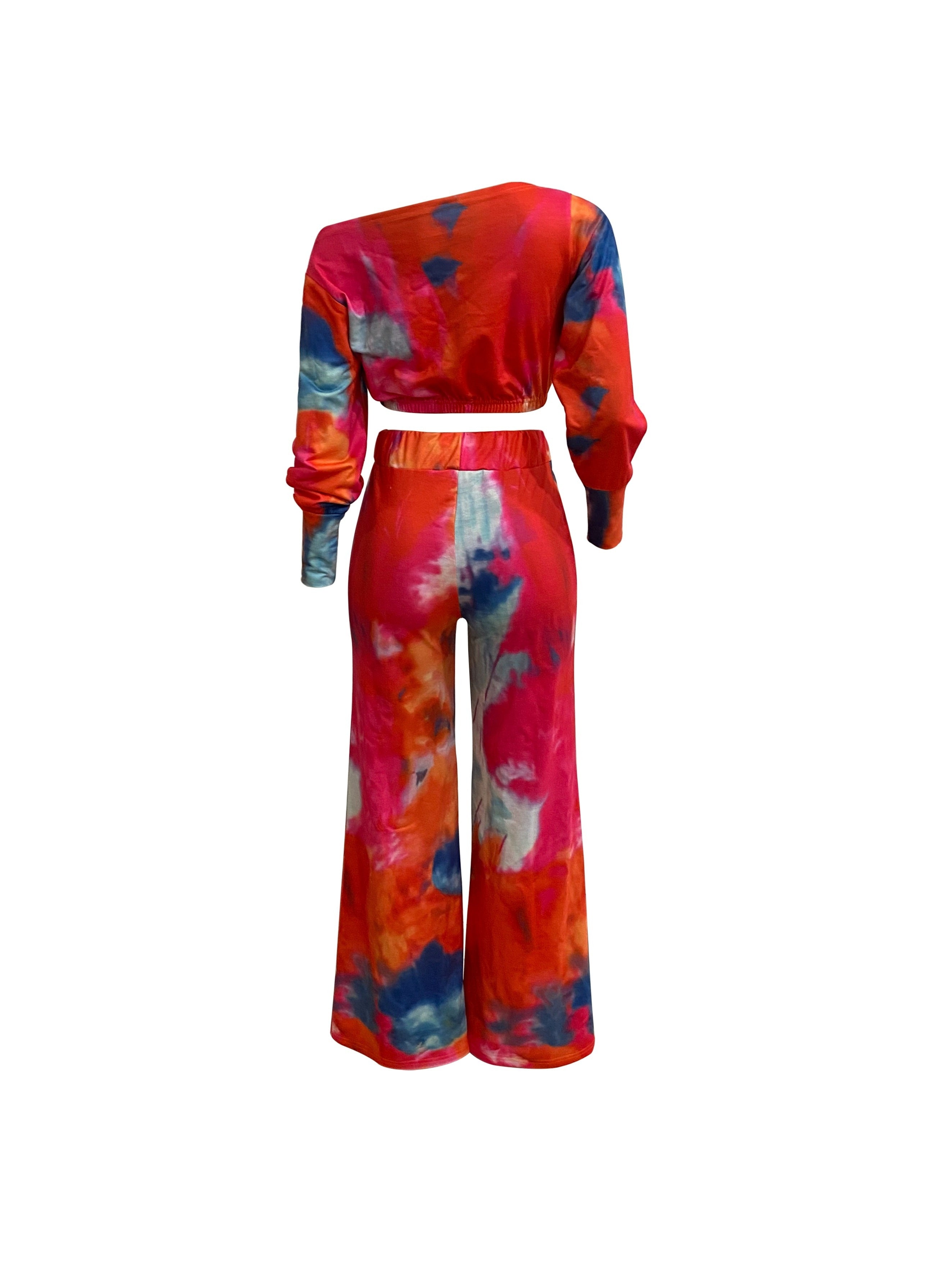 Two-piece Set, Long Sleeve Crop Top & Drawstring Wide Leg Pants Outfits, Casual Tie Dye Women's Clothing