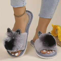 Cute Pom-pom Cat House Slippers, Cozy Open Toe Plush Flat Floor Shoes, Winter Warm Home Fuzzy Slippers