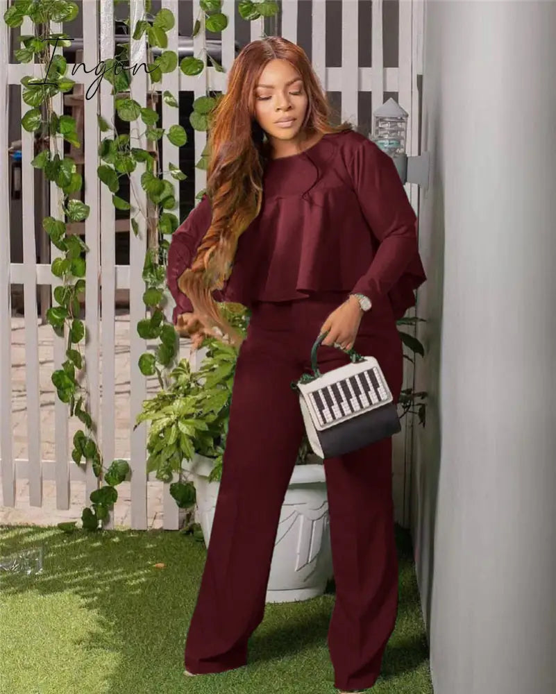Ingvn - 2023 Elegant Work Wear Two Piece Set Fall Clothes for Women Ruffles Crop Top and Wide Leg Pants Suits Matching Sets Sexy Club Outfits