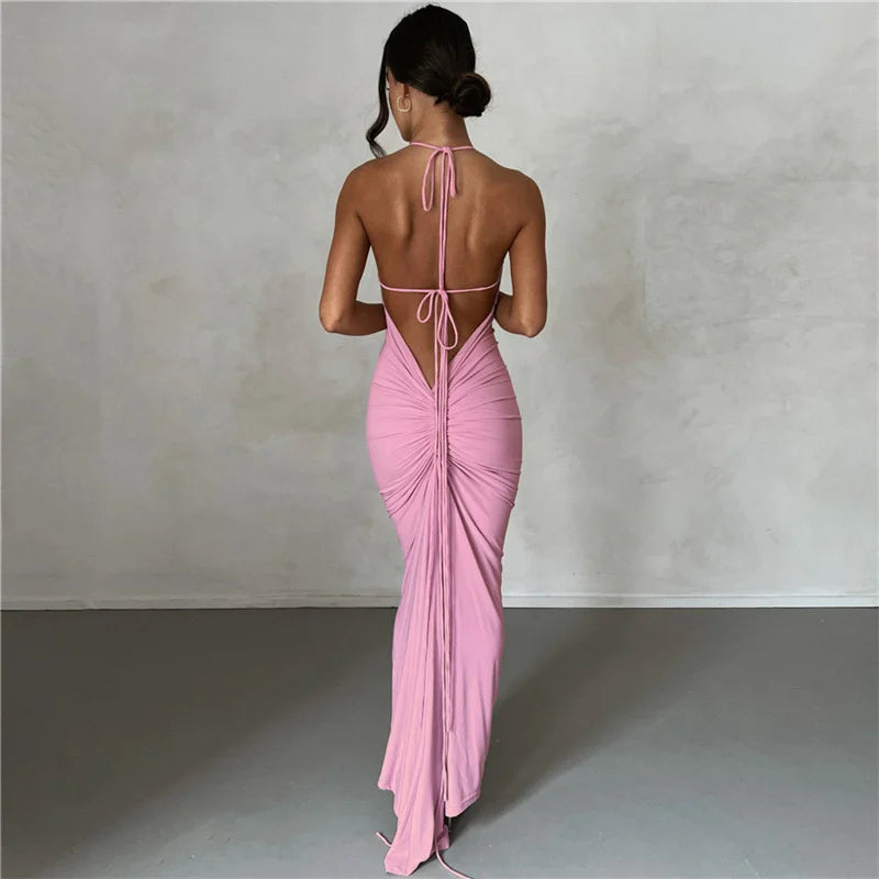Spaghetti Strap Backless Ruched Maxi Dress For Women Robe Sleeveless Wrap Hip Bodycon Party Long Dress Vestidos