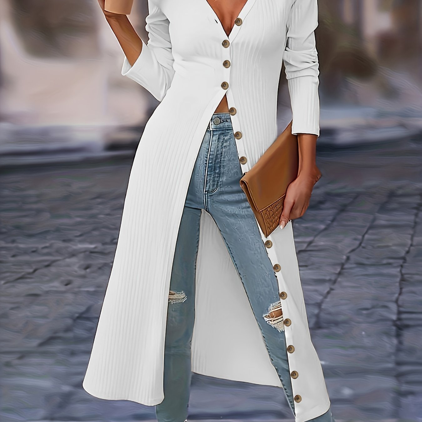 Womens Chic Solid Knit Cardigan - Soft Button Down, Long Sleeve, Slim Fit, Long Length - Perfect for Layering, Elegant Casual Wear