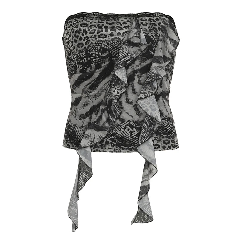 Goth Leopard Print Corset Top Ruffles Patchwork Strapless Skinny Tube Tops Harajuku y2k Cropped Top Women Streetwear Tees