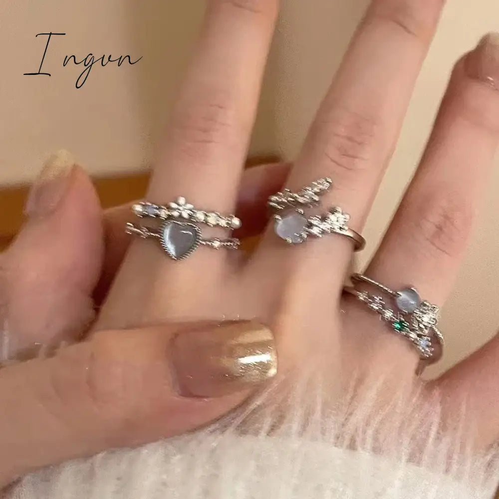 3pcs New Arrived Romantic Cute Blue Heart Ring for Women Exquisite Jewelry Set Ring Micro Flower Zircon Party Dating Accessories