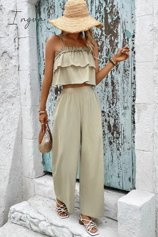 Ingvn - Frill Trim Cami and Wide Leg Pants Set