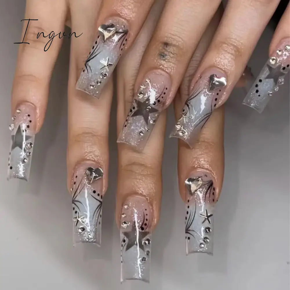 24pcs Artifical Bails With Glue Fake Nail Tips With Design Detachable Press On Nails Long Fake Nail Finished Nail Piece Sticker