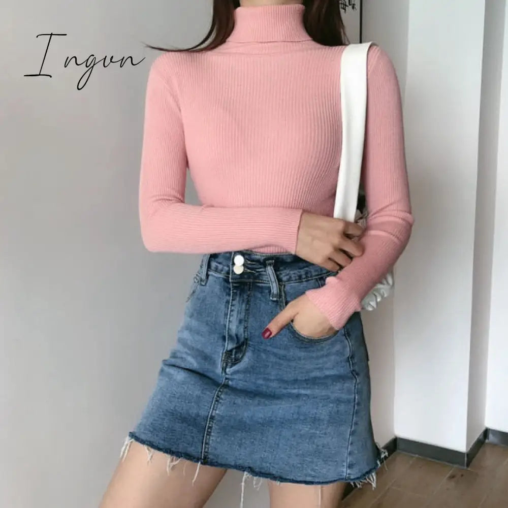 Ingvn - Autumn Winter Knitted Sweater Pullovers Turtleneck Sweater for Women Long Sleeve White Black Soft Female Jumper Clothing