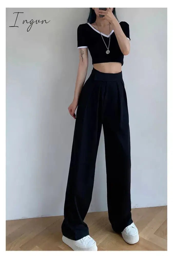 Ingvn - Brown Wide Leg Women's Classic Suit Pants Vintage Palazzo Office Elegant Casual Balck Trousers Female High Wasit Pants