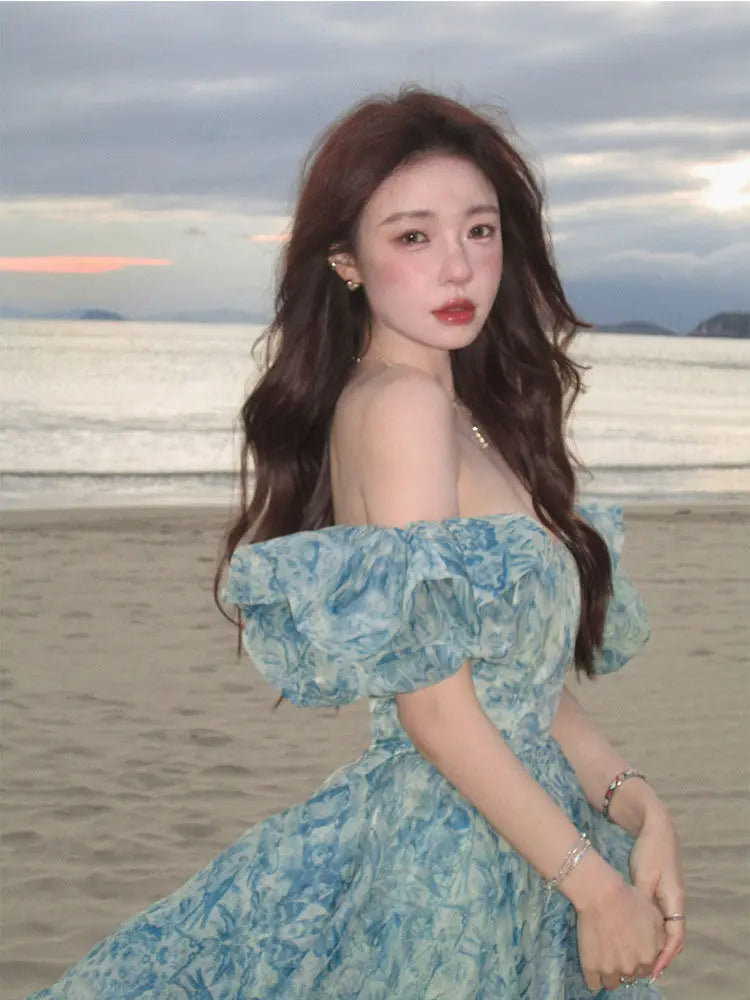 Floral Print Evening Party Dress Women Puff Sleeve Elegant Princess Long Dres Ladies France Vintage Open Fork Dress Summer