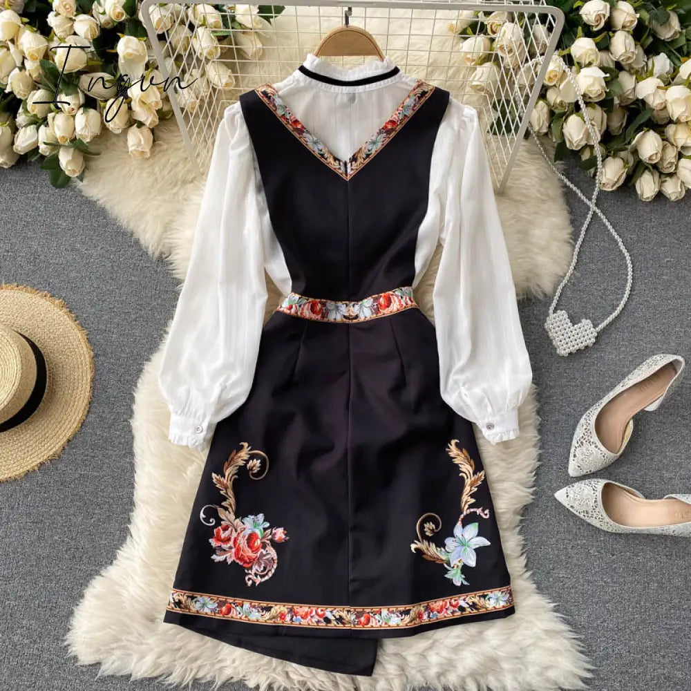 Ingvn - Spring Autumn Elegant 2 Piece Set Overalls Dress Women Bow Collar White Shirt Top+ Irregular Flower Print V-Neck Vest Dress