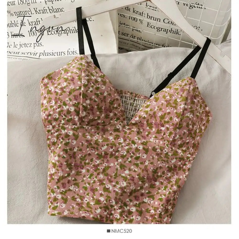 Ingvn - Backless V-Neck Floral Printed Tank Crop Tops