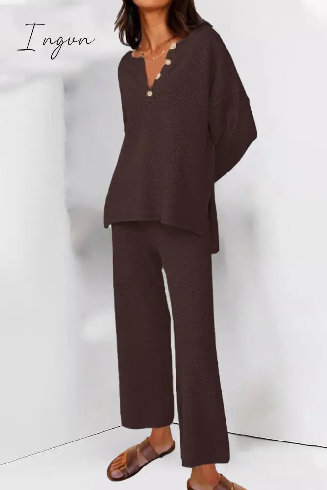 Ingvn - Simplicity Solid Buttons O Neck Long Sleeve Two Pieces