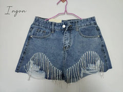 Ingvn - Spring Autumn Fashion Tide Denim Short Women High Street Rhinestone Sequins Hole Tassel Fit Wild Clothing