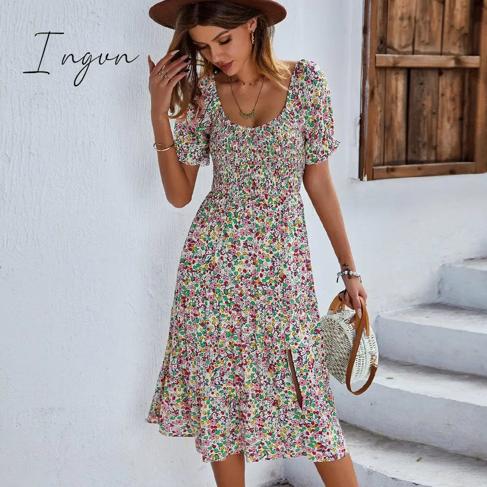 Ingvn - Ladies Sexy Vintage Floral Print Boho Summer Dress Women Casual Elastic Bohemian Beach Dress Women Sundress Robe Vestidos Female