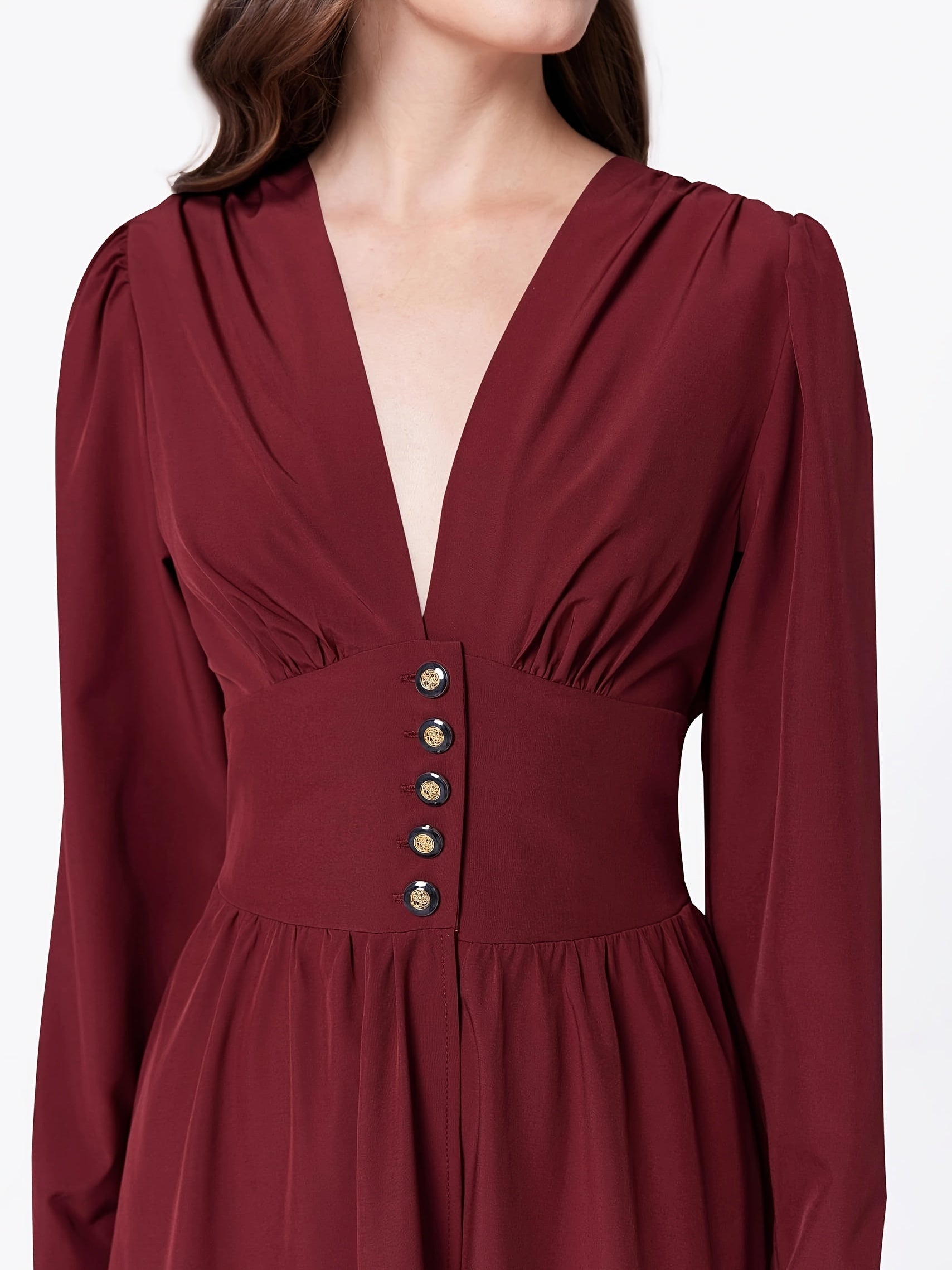 Deep V Neck Button Waist Dress, Elegant Long Sleeve Maxi Dress For Cocktail & Wedding Party, Women's Clothing