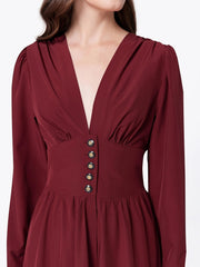 Deep V Neck Button Waist Dress, Elegant Long Sleeve Maxi Dress For Cocktail & Wedding Party, Women's Clothing