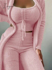 Ingvn - Women's Plus Size Pajamas Robes Gown Sets Nighty 3 Pieces Pure Color Warm Casual Comfort Home Daily Bed Fleece Long Sleeve Crop Top Pant Pocket Winter Fall Green Black