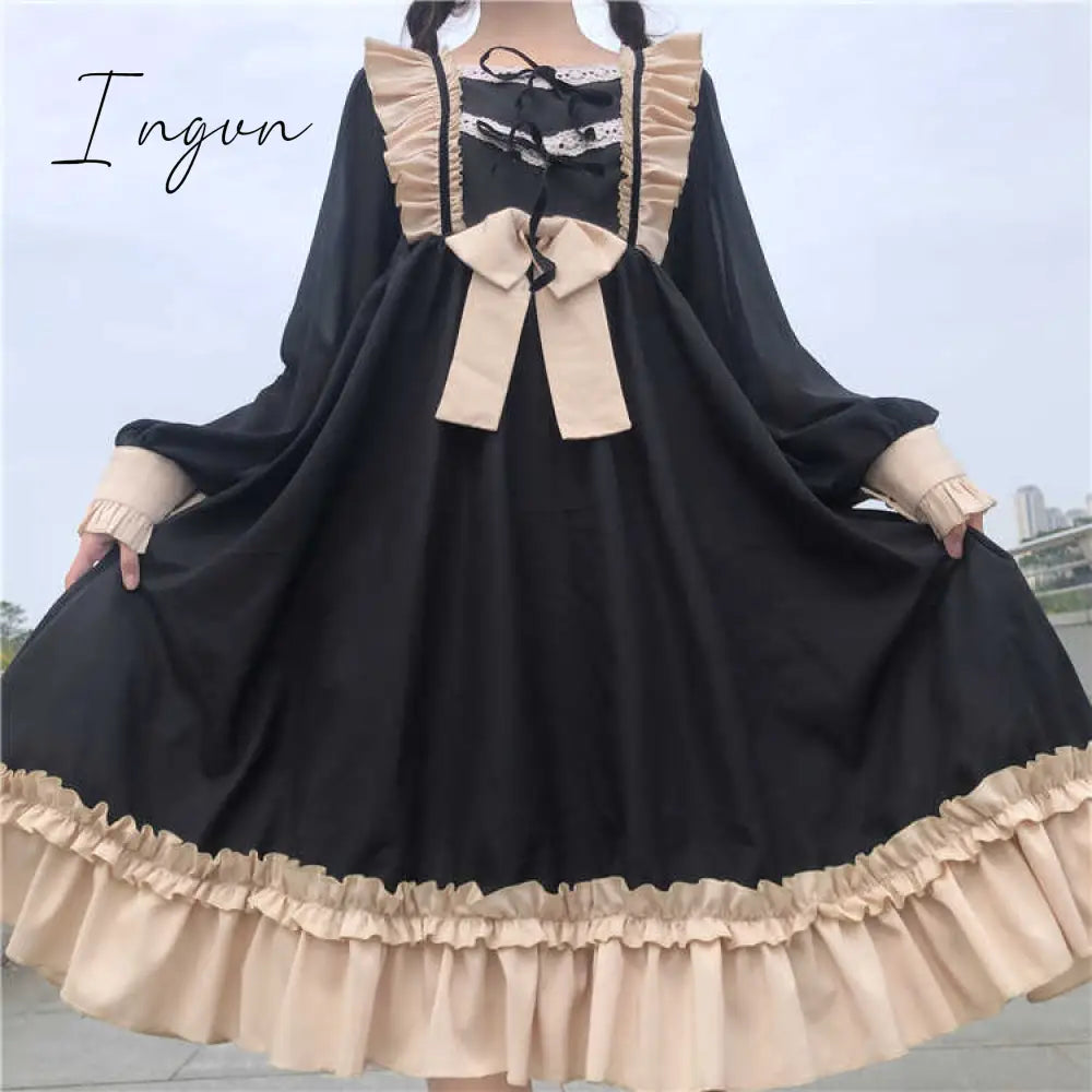 Ingvn - Japanese Harajuku Gothic Bandage Bow Splice Dress Sweet Lolita Girl Cosplay Dress Kawaii Ruffles Bow Women Party Dress