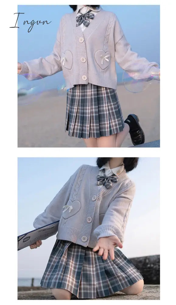 Ingvn - Spring Japan Kawaii Fashion Pink Cardigan Women Vintage Crop Knitted Sweater Cute Bow Heart Korean JK School Coat