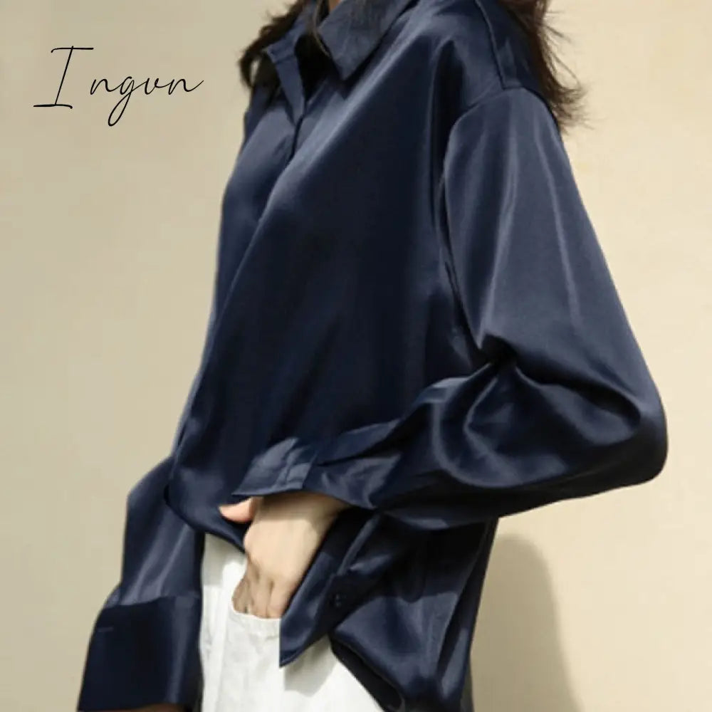 Ingvn - Silk Korean Office Ladies Elegant Shirt Blouse Women Fashion Button Up Satin Shirt Vintage White Long Sleeve Shirts Tops 11355
