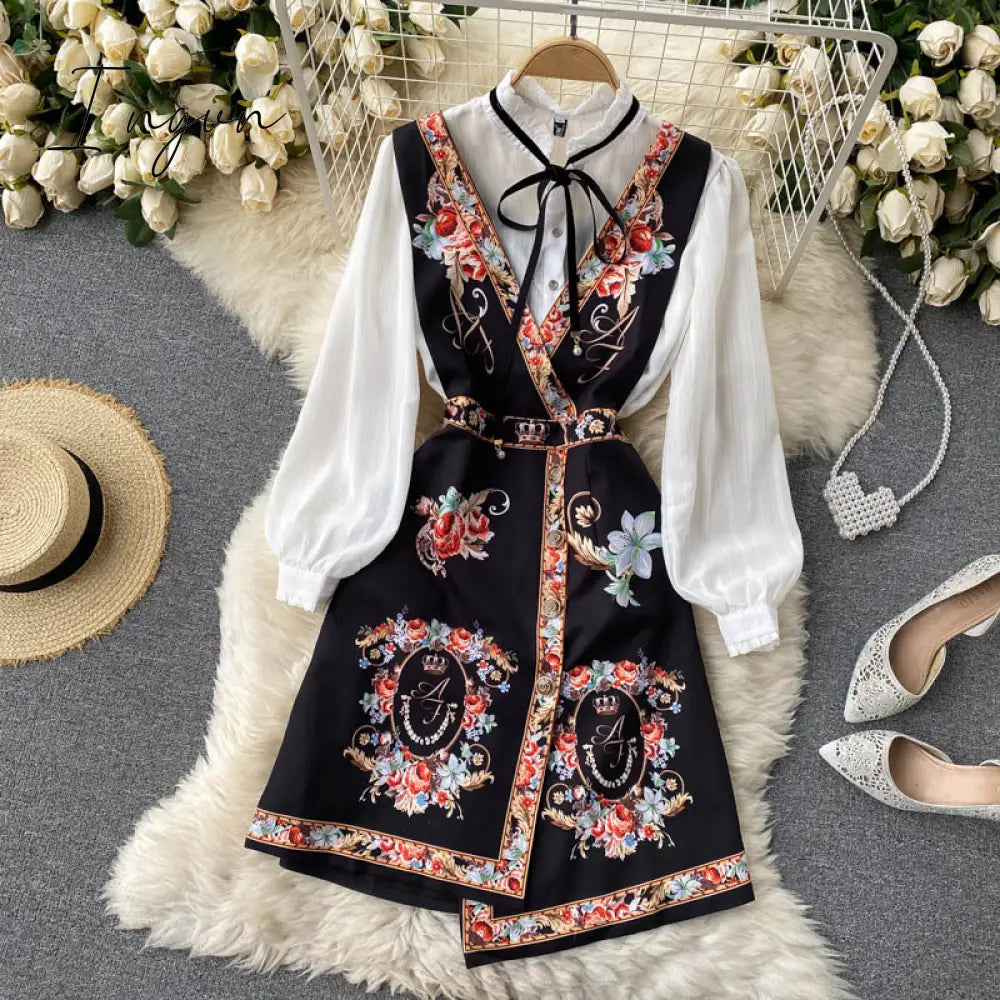 Ingvn - Spring Autumn Elegant 2 Piece Set Overalls Dress Women Bow Collar White Shirt Top+ Irregular Flower Print V-Neck Vest Dress