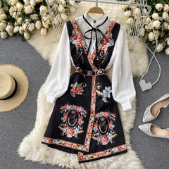 Ingvn - Spring Autumn Elegant 2 Piece Set Overalls Dress Women Bow Collar White Shirt Top+ Irregular Flower Print V-Neck Vest Dress