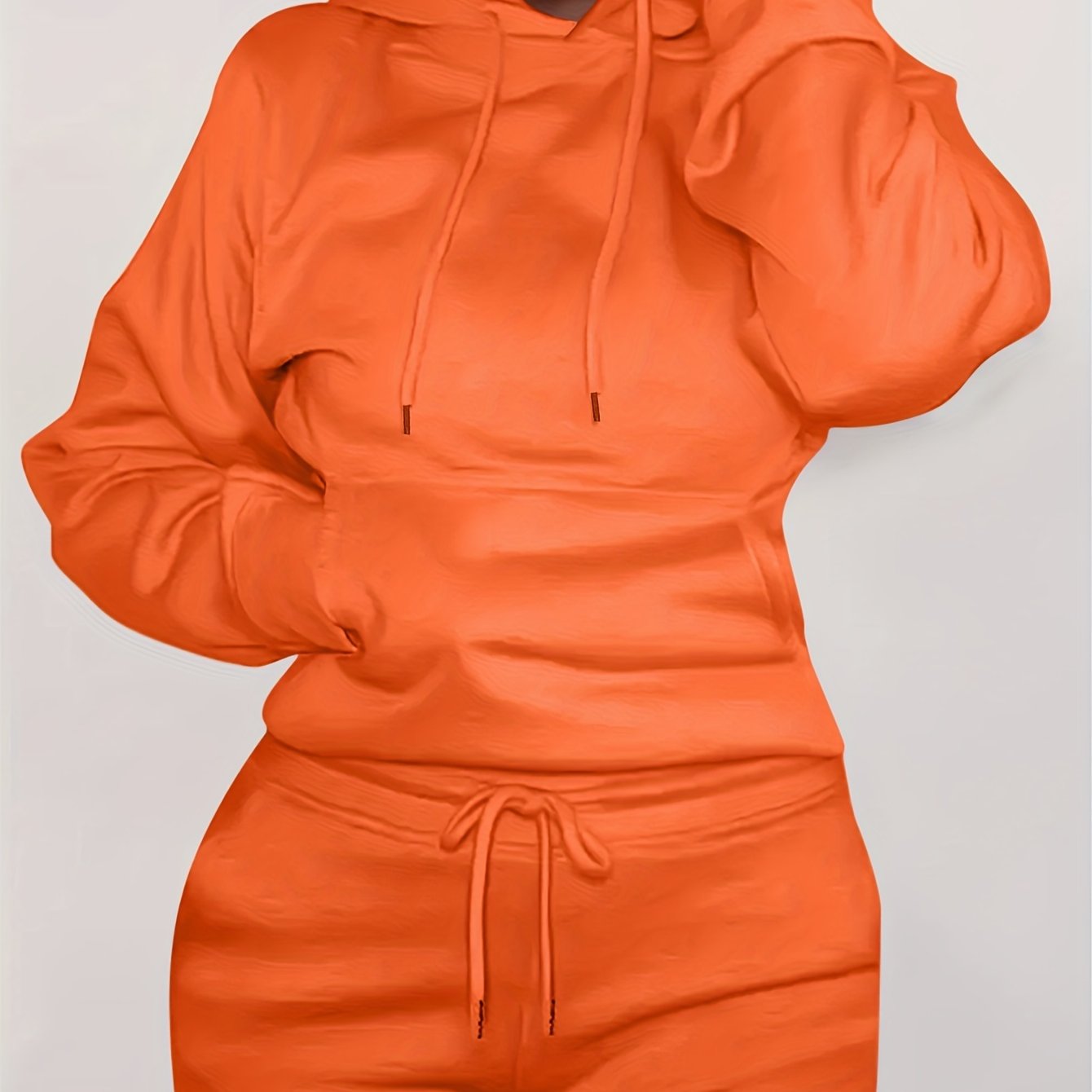 Solid Kangaroo Pocket Hoodie Without Pants, Casual Long Sleeve Drawstring Hoodies Sweatshirt, Women's Clothing