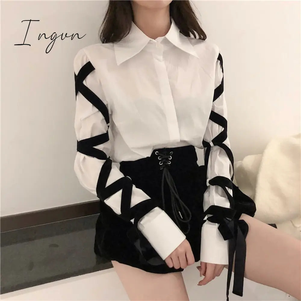 Ingvn - Womens Fashion Casual Office Lady Female Blous Long Sleeve Shirt Women Stitching Black Ribbons Spring Top Blouse 16W057