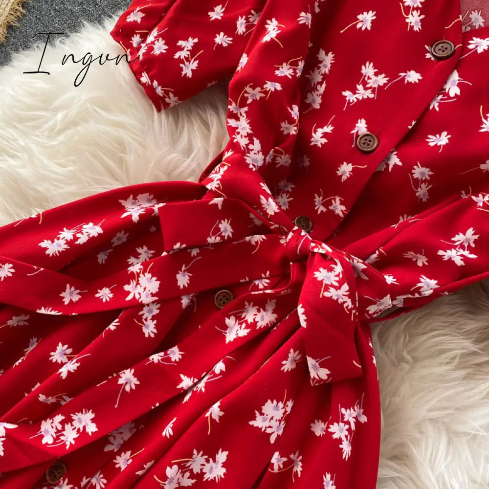 Ingvn - beach Red elegant sexy Dress women Summer Autumn V-neck polka dot midi dress waist split dress vestidos de fiesta clothes