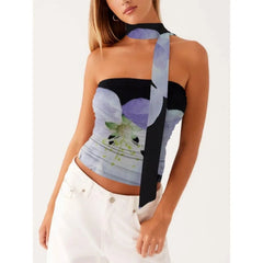 y2k Tube Tops with Scarf Women Sexy Cothes Floral Printed Off Shoulder Strapless T Shirts Bandeau Vest Club Streetwear