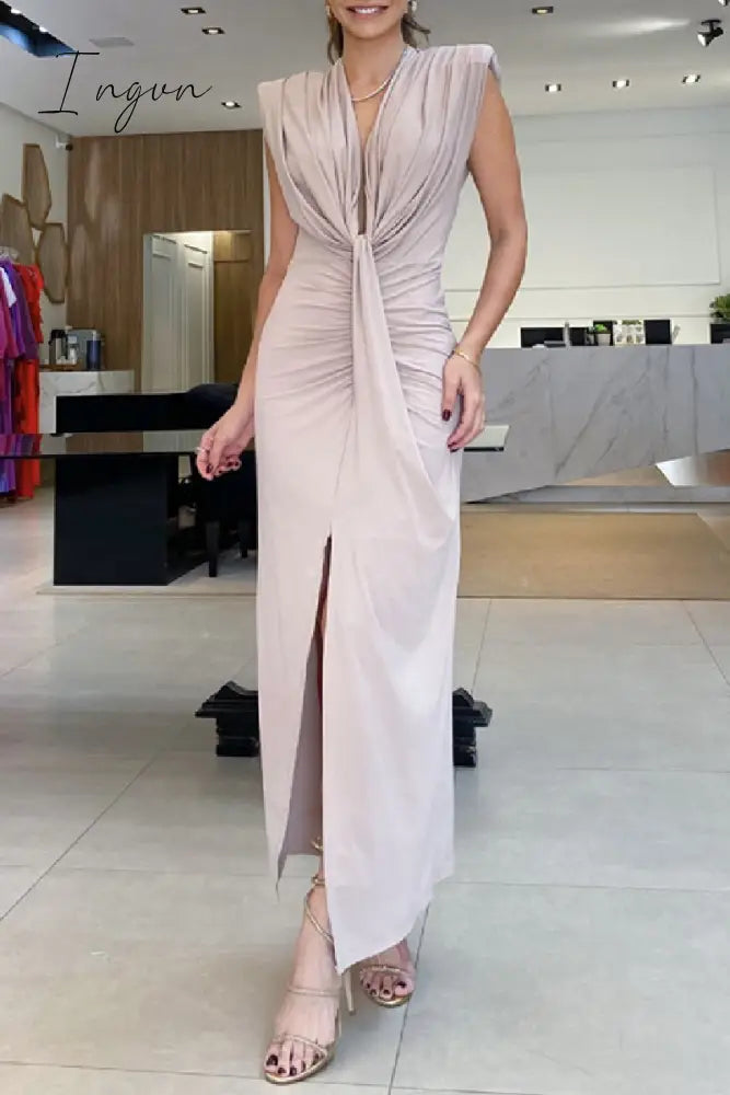 Ingvn - Casual Solid Slit V Neck Long Dress Dresses