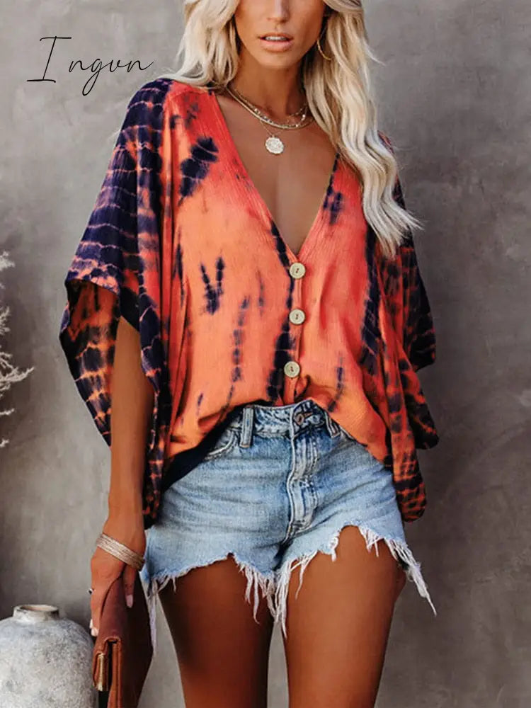 Ingvn - Summer Fashion Oversized Deep V-neck Women's Shirt Tie Dye Vintage Print Button Batwing Sleeve Top Female Casual Loose Cardigan