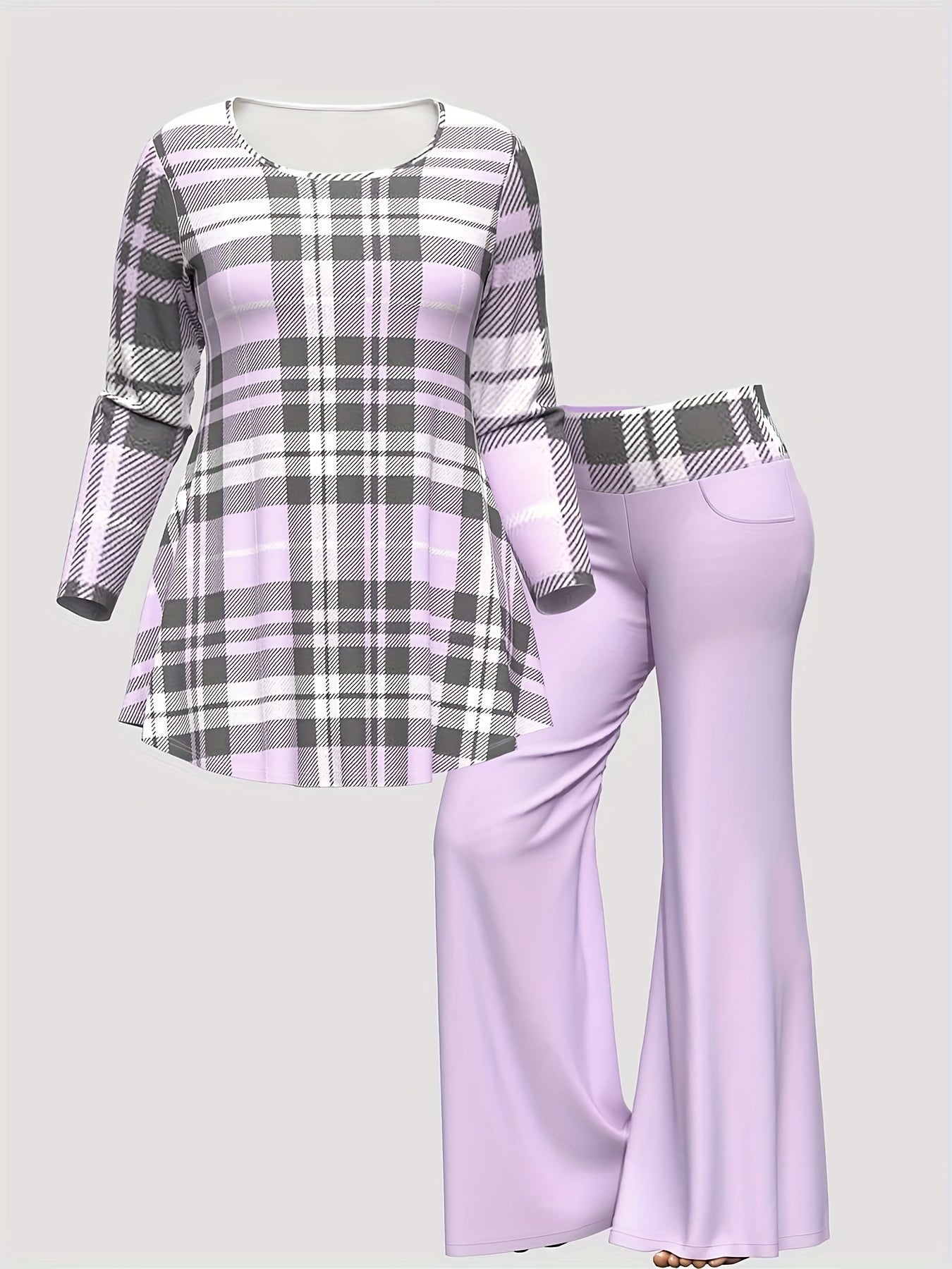 Women's Casual Outfits Set, Plus Size Plaid Print Long Sleeve Round Neck Top & Flared Leg Pants Outfits 2 Piece Set