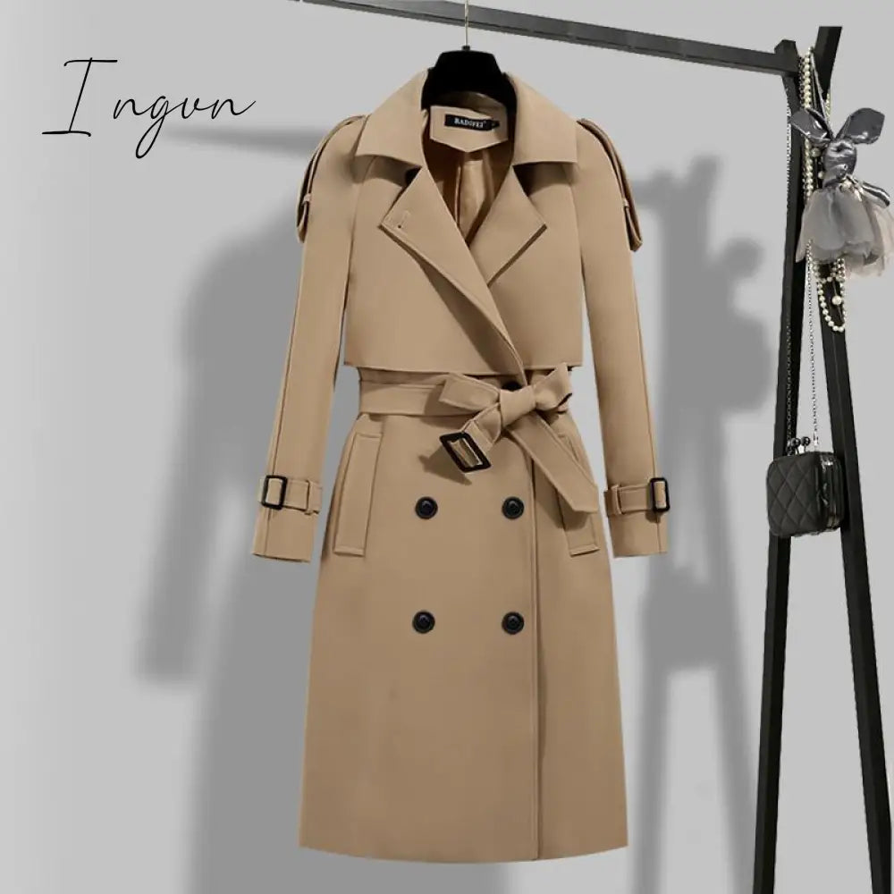 Ingvn - Women Trench Coat Solid Double Breasted Trench Autumn Winter Elegant Vintage Turn-down Collar Warm Windproof Trench with Belt