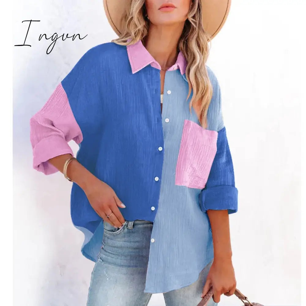 Ingvn - New Spring Summer Fashion Women New Patchwork Shirt Elegant Commute Contrast Lapel Buttons Cardigan Streetwear Ladies Casual Blouses