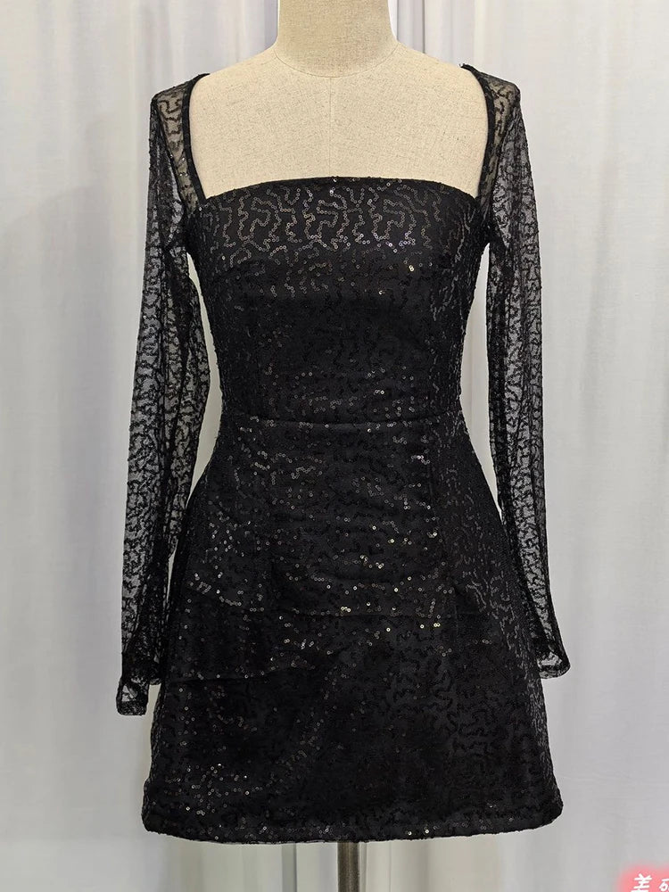 Sequins Long Sleeve Backless Sexy Mini Dress Women Robe Fashion Sparkle Lace-up High Waist A-line Club Dress Vestido