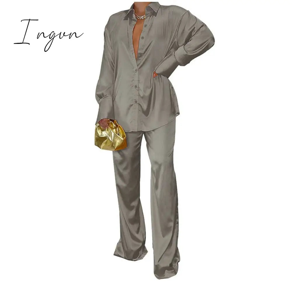 Ingvn - Women Elegant Satin Two Piece Sets Casual Feamle Solid Loose Outfits Long Sleeve Shirt And Wide Leg Straight Pants Suits