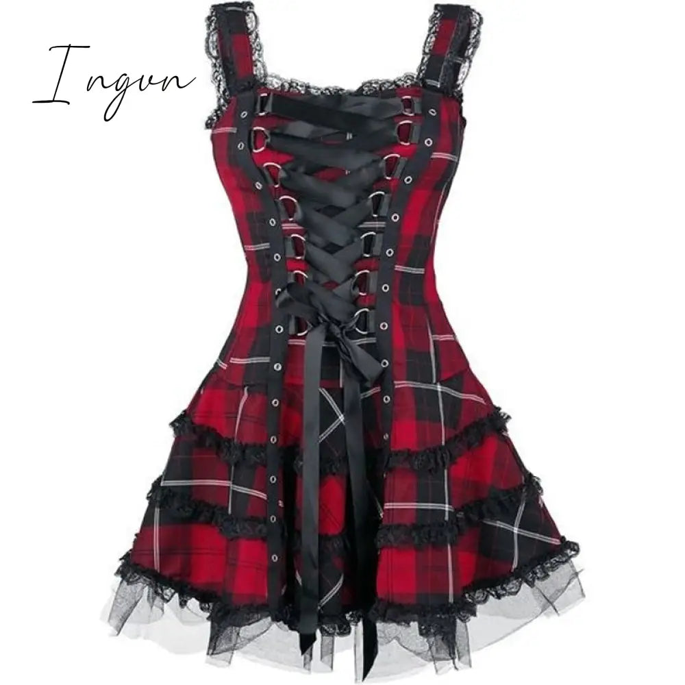 Ingvn - Dress Women Classic Frill Lace Dresses Sleeveless Plaid Vintage Gothic Mini Dresses Ball Gowns Cosplay Costume Plus Size Dress
