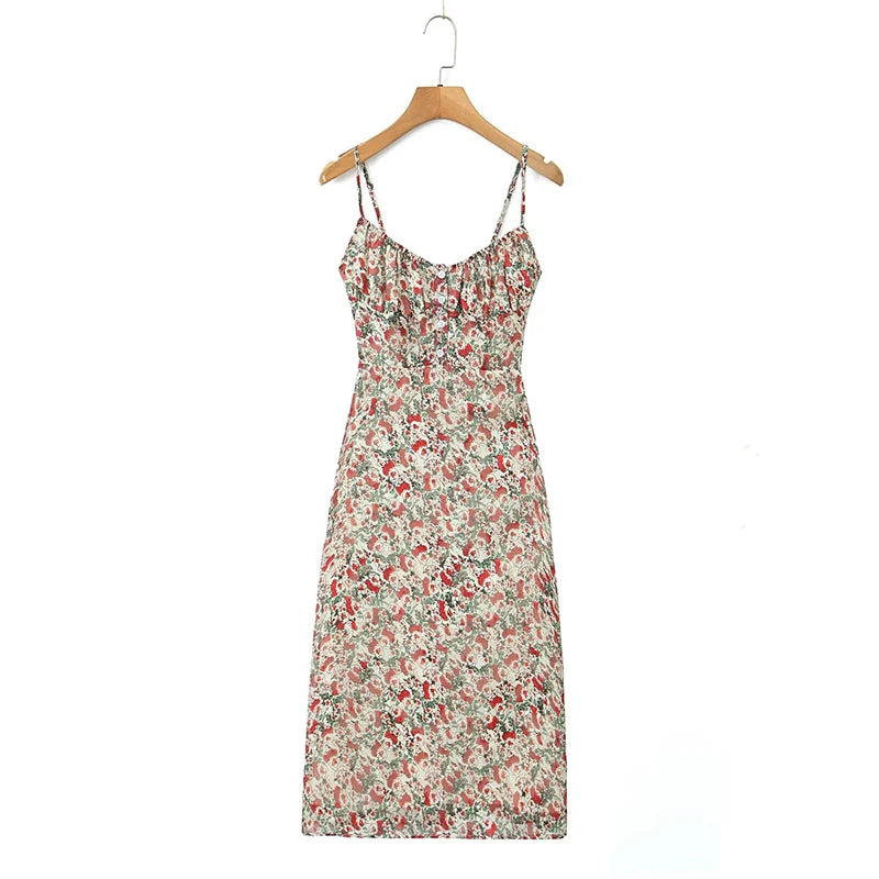 Sexy Elegant Women O Neck Thin Straps Floral Print Dress Vintage High Waist A-line Midi Holiday Summer Dresses Party Robe