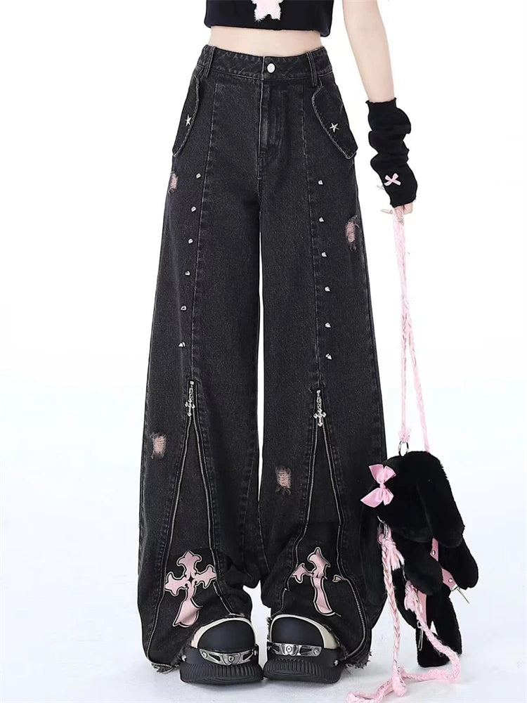 Ingvn  Women's Zipper Splicing Design Black Gray Jeans Cool Girl High Waisted Fashion Loose Pants Female Straight Retro Denim Trousers