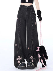 Ingvn  Women's Zipper Splicing Design Black Gray Jeans Cool Girl High Waisted Fashion Loose Pants Female Straight Retro Denim Trousers