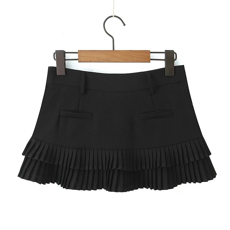 Cool Girl Y2K Pleated Mini Skirt Sexy Low Waist Short Skater Skirts With Shorts Lining