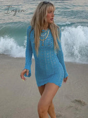 Ingvn - Round Collar Backless Blue Dress Women Sexy Long Sleeve Elegant Beachwear Solid Bodycon See Through Sheath Dress Female