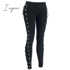 Ingvn - Rosetic Lace Up Casual Cargo Pants Women Buckle Gothic Punk Rock Dark Black Pantalons High Waist Pants Plus Size Trousers S-5XL