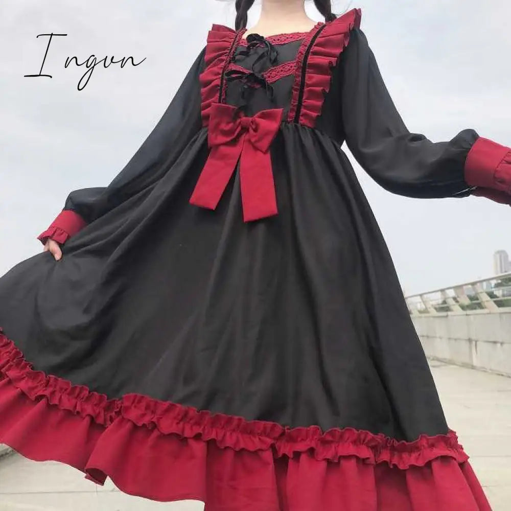 Ingvn - Japanese Harajuku Gothic Bandage Bow Splice Dress Sweet Lolita Girl Cosplay Dress Kawaii Ruffles Bow Women Party Dress