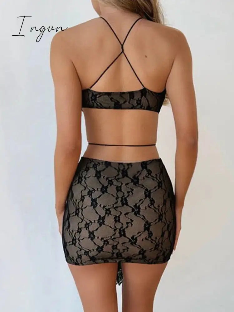Ingvn - Hollow Out Lace Sexy Woman Bodycon Dress Fashion Sleeveless Backless Halter Beach Party Dresses Female Printed Dress