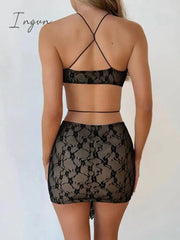 Ingvn - Hollow Out Lace Sexy Woman Bodycon Dress Fashion Sleeveless Backless Halter Beach Party Dresses Female Printed Dress