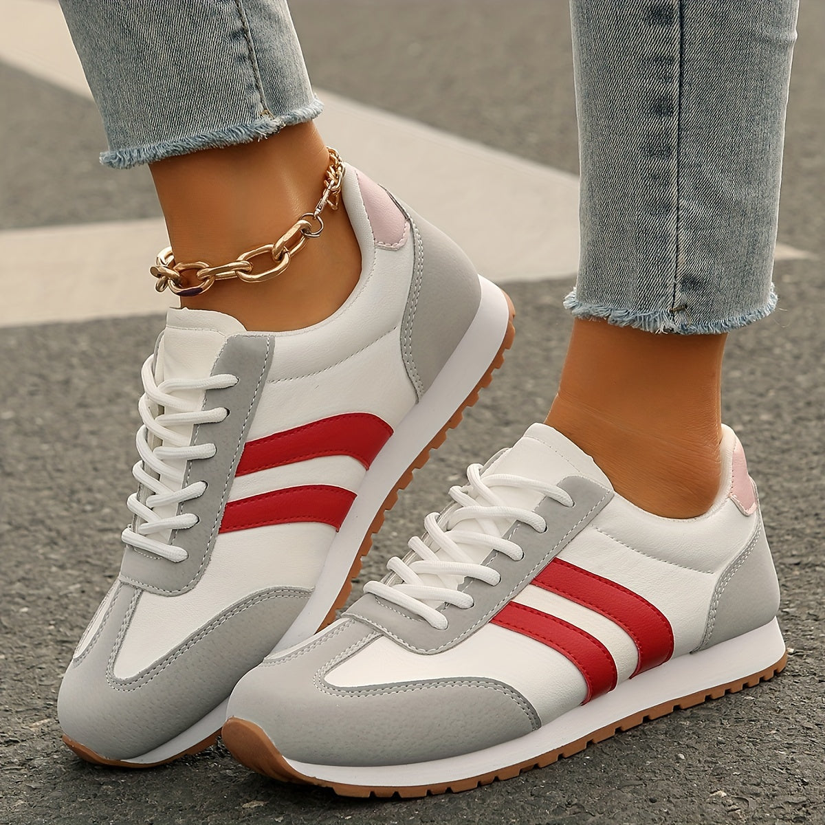 Women's Fashion Sneakers - Breathable & Lightweight, Lace-Up Casual Sneakers with Red & Blue Stripes, Comfortable Soft Sole